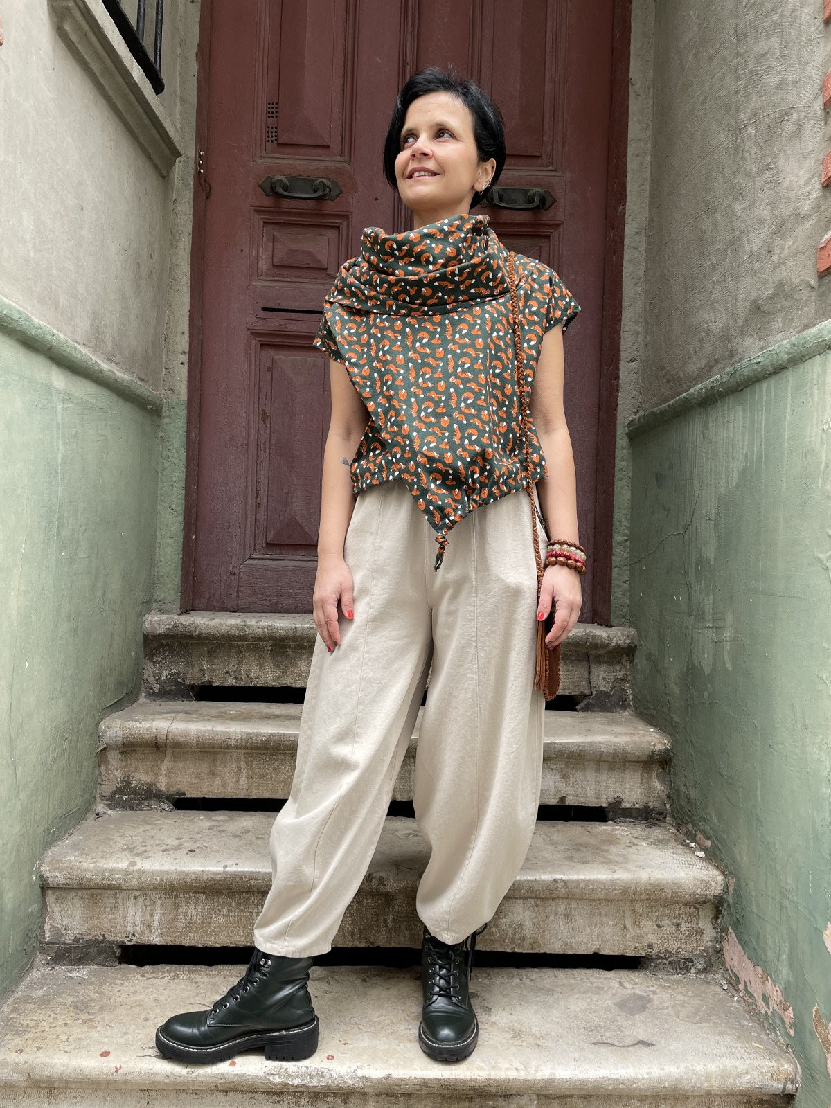 Tilki Desenli Yeşil Bluz