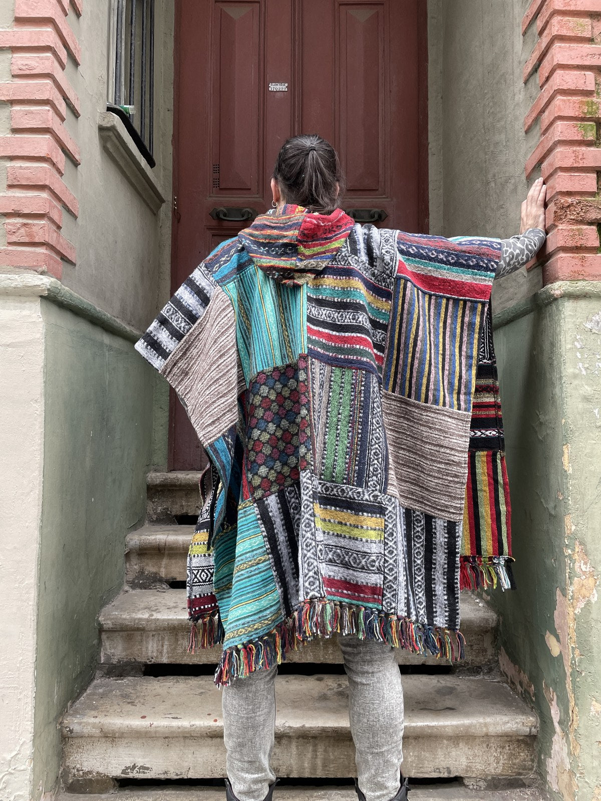 Unisex Nepal Gheri Yeşil Turkuaz Panço