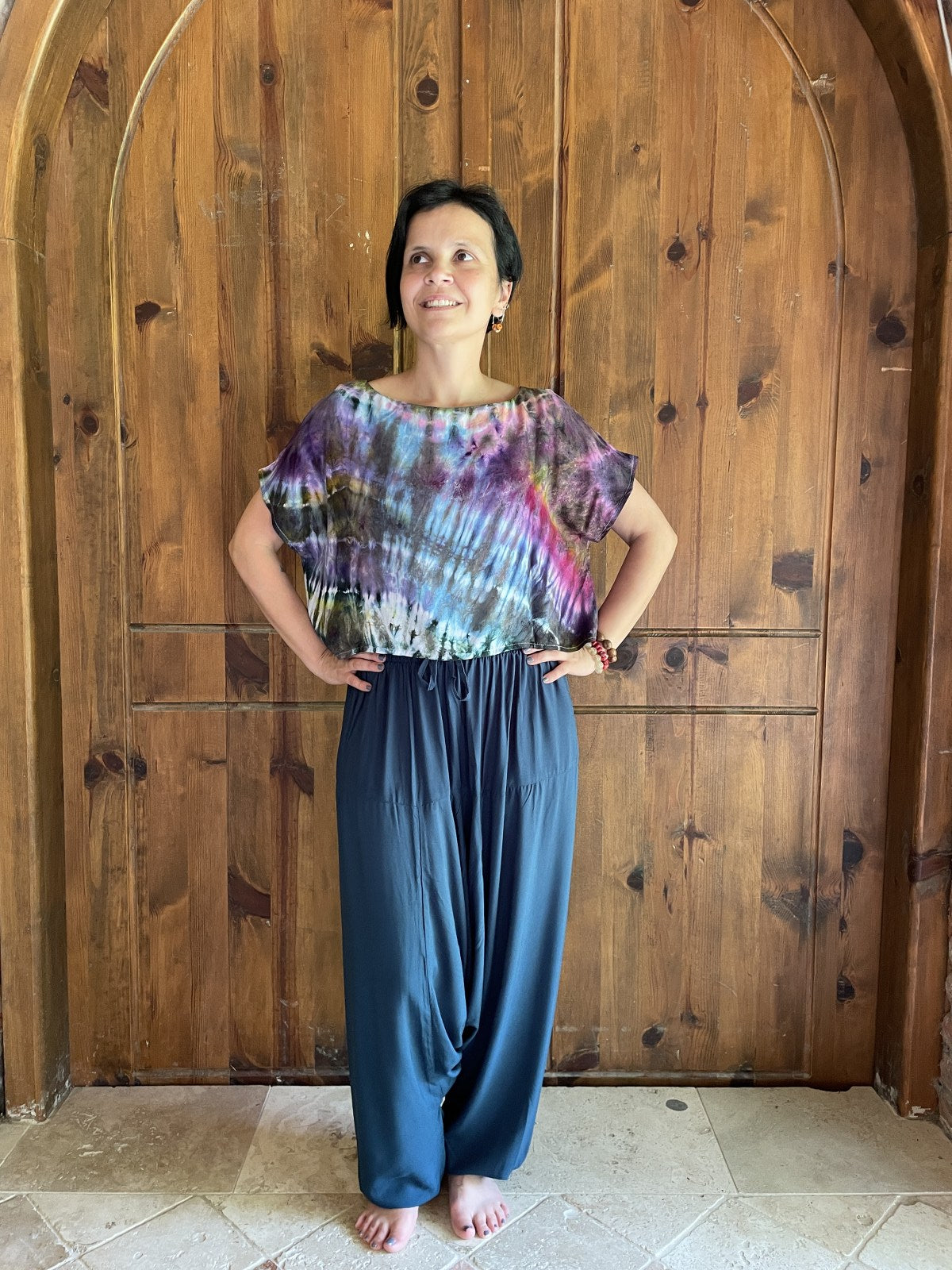 Batik Tasarım Mor Turkuaz Kadın Crop Bluz 