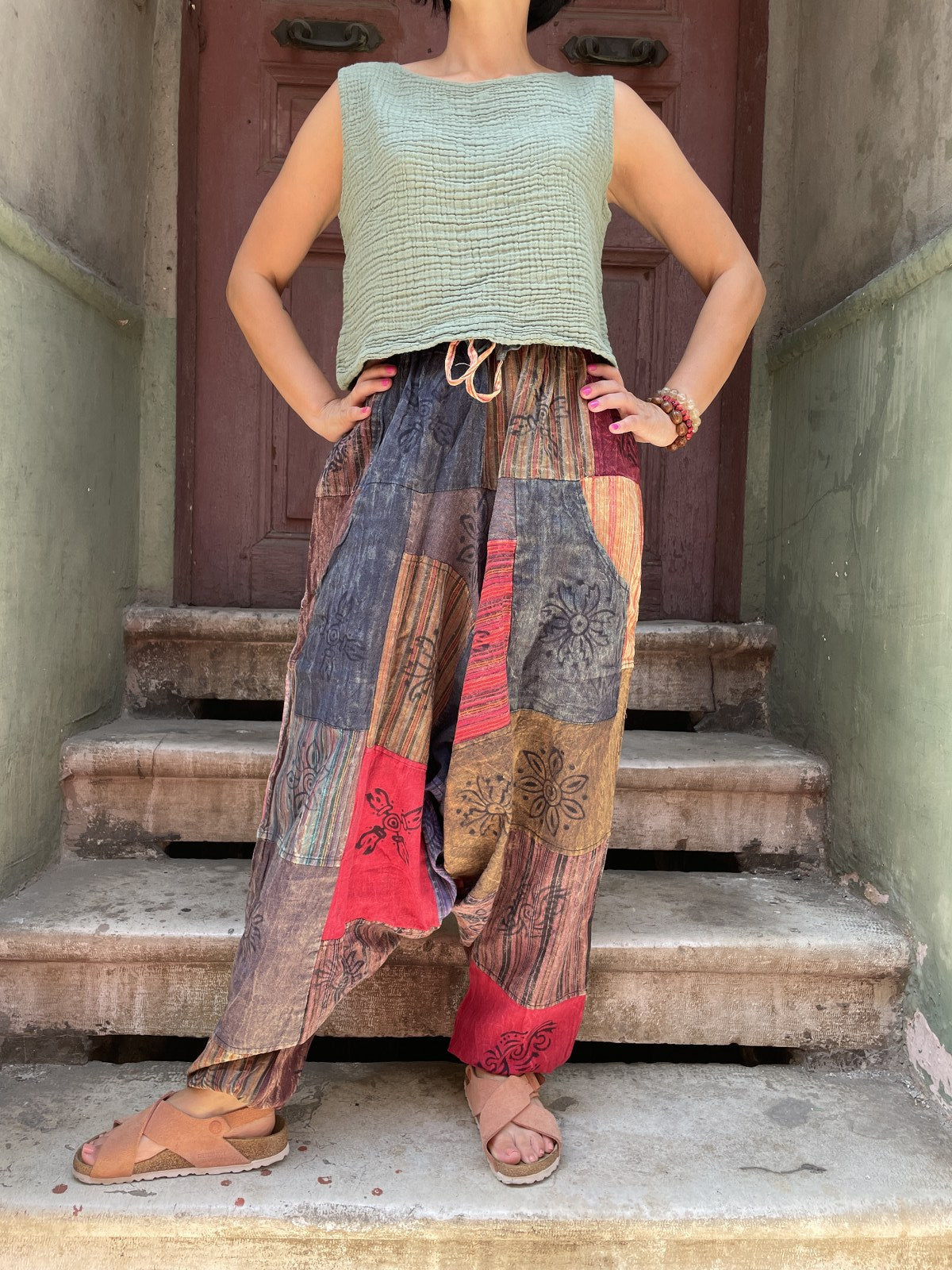 Unisex Nepal Patchwork Mavi Gri Şalvar Pantolon