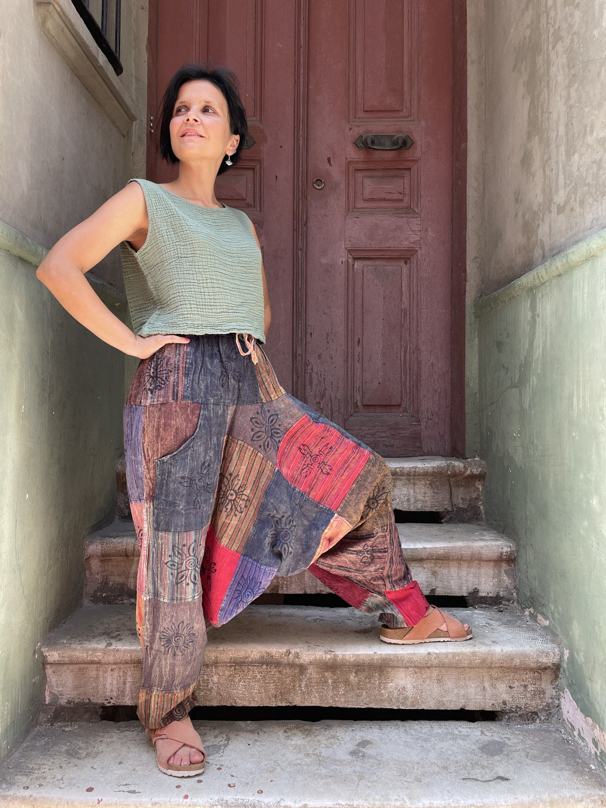 Unisex Nepal Patchwork Mavi Gri Şalvar Pantolon