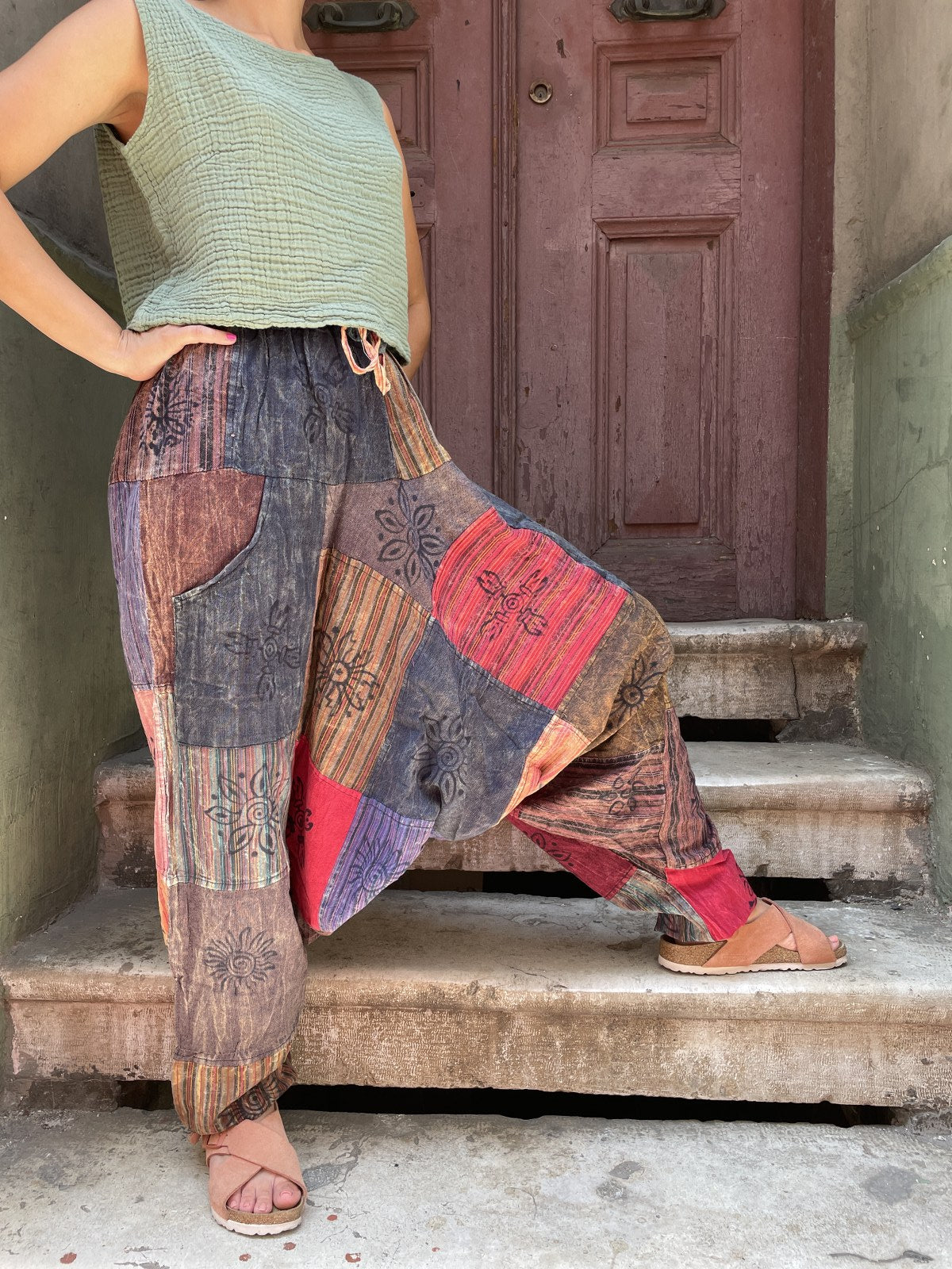 Unisex Nepal Patchwork Mavi Gri Şalvar Pantolon