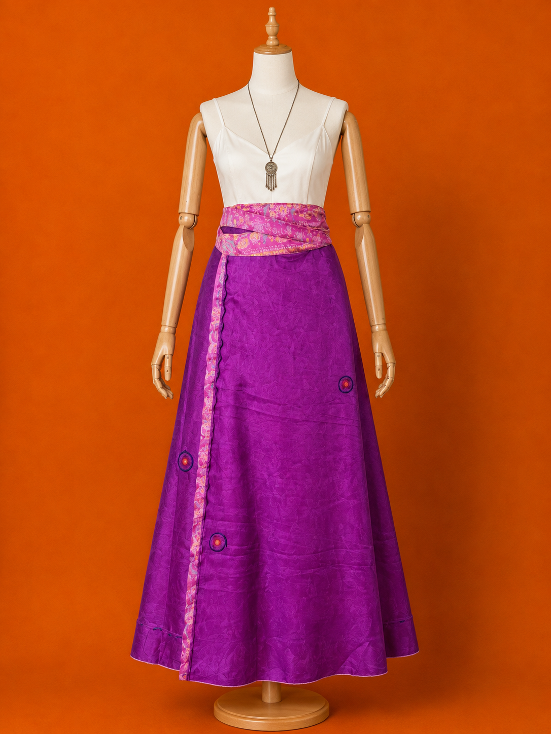 Çift Taraflı Uzun İpek Etek – Mor Pembe Desenli Bohem Sarong Etek ve Elbise