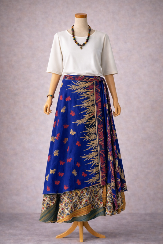 Çift Taraflı Bağlamalı İpek Etek – Mavi Kelebek Desenli (Nepal)