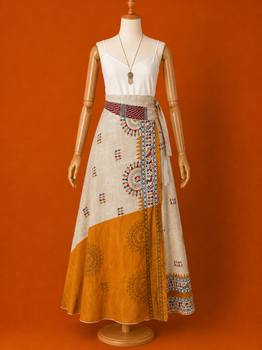 Çift Taraflı Kısa İpek Etek – Bej Kahve Desenli Desenli Bohem Sarong Etek ve Elbise