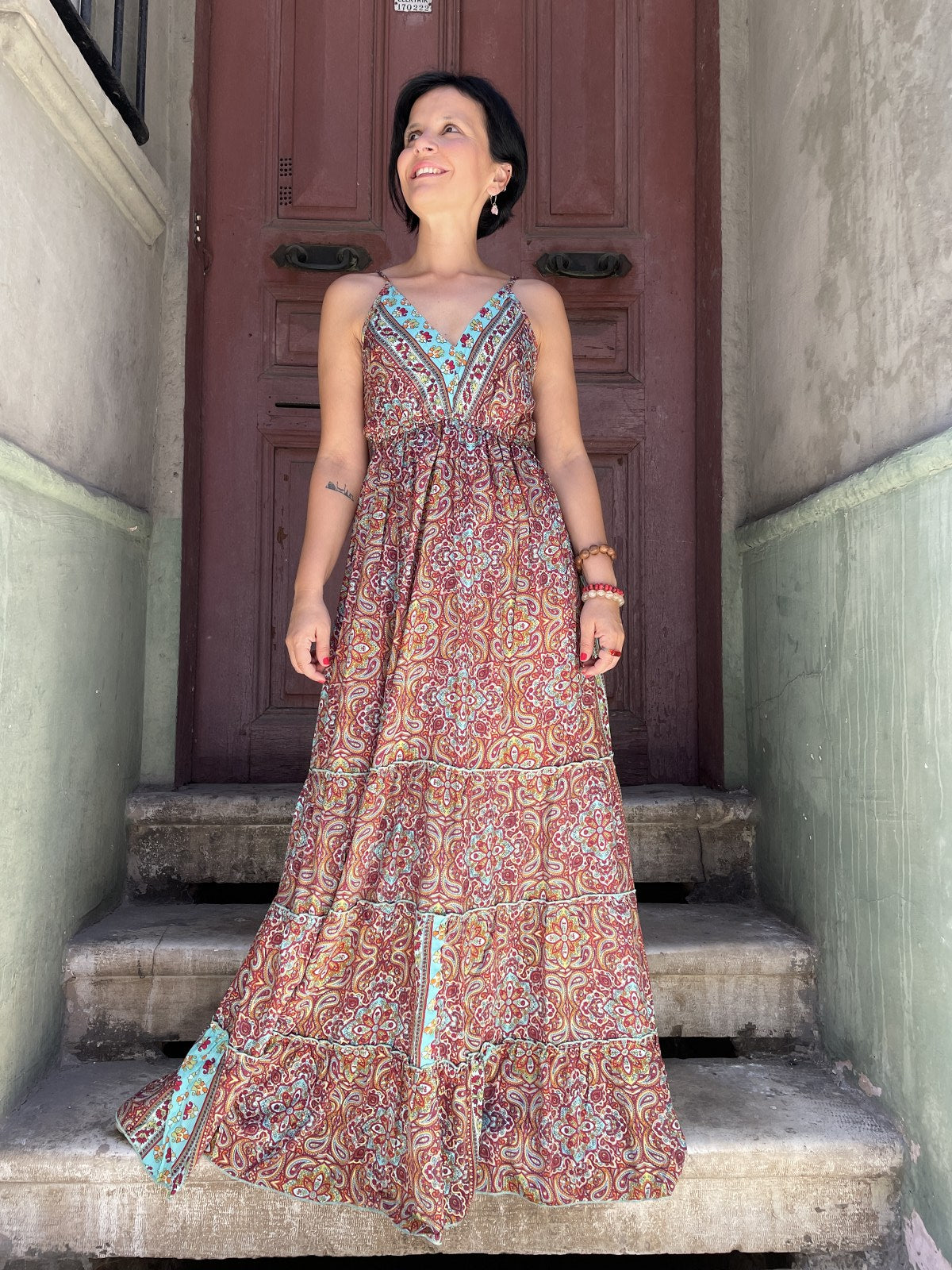 Bohem Nepal Askılı Kol Kahve Mavi İpek Elbise