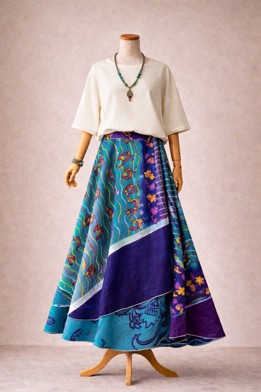 Çift Taraflı Kuş Desenli İpek Etek