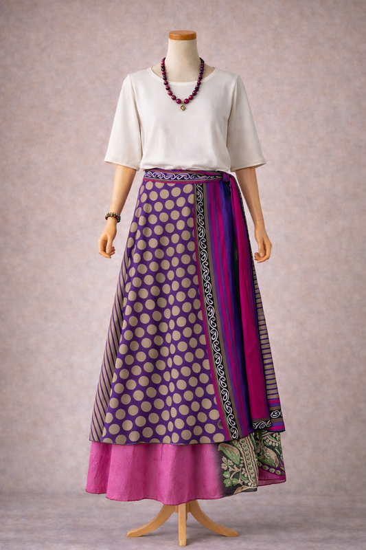 Çift Taraflı Bağlamalı İpek Etek – Damla Desenli (Nepal)