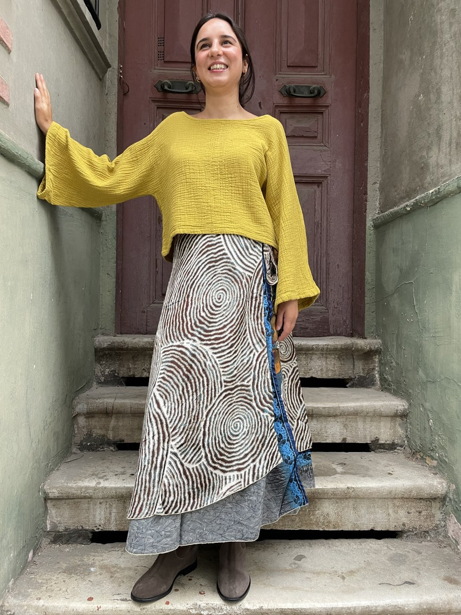 Bohem Geometrik Nepal Çift Taraflı Bağlamalı İpek Etek - Kahve Mavi