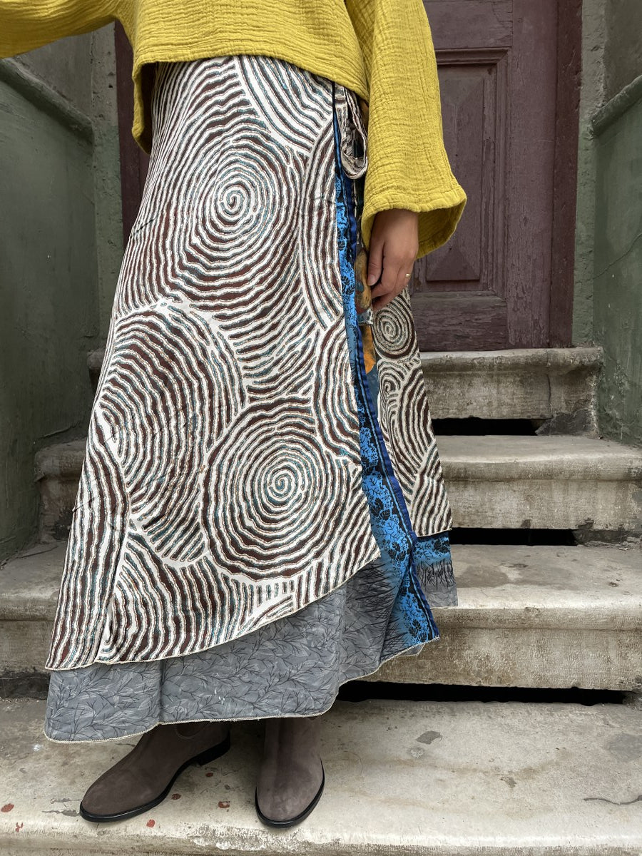 Bohem_Geometrik_Nepal_Cift_Taraflİ_Baglamal_ipek_Etek_Kahve_Mavi