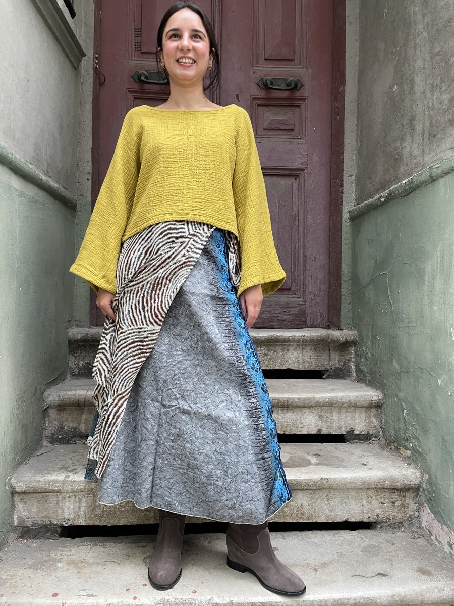 Bohem_Geometrik_Nepal_Cift_Taraflİ_Baglamal_ipek_Etek_Kahve_Mavi