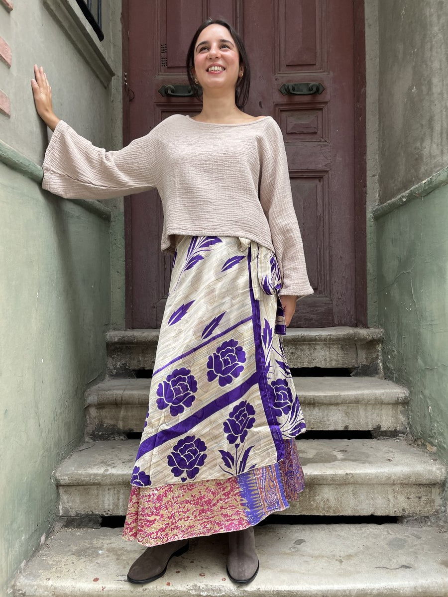 Bohem Nepal Mor Bej Yapraklı Desenli Bağlamalı İpek Etek