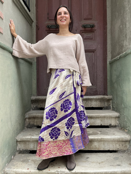 Bohem Nepal Mor Bej Yapraklı Desenli Bağlamalı İpek Etek