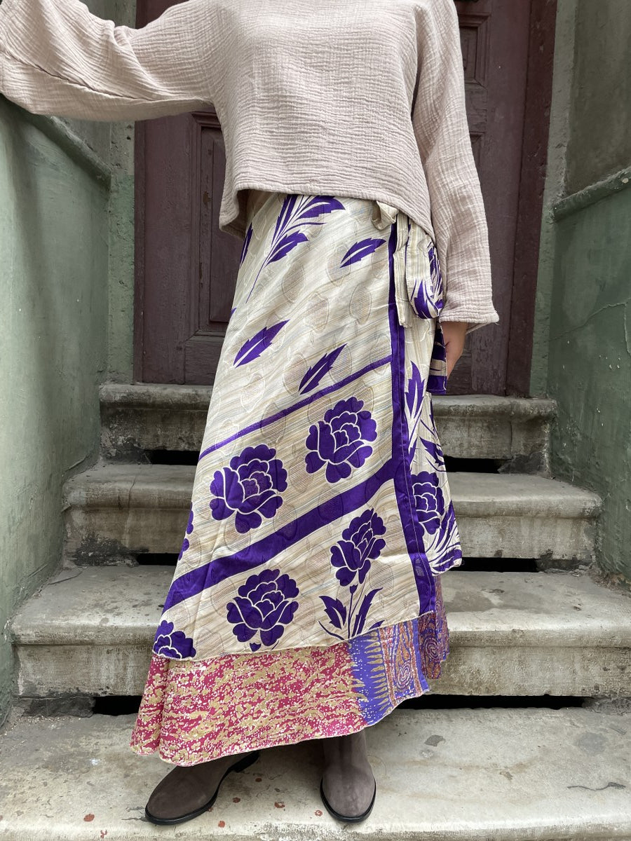 Bohem Nepal Mor Bej Yapraklı Desenli Bağlamalı İpek Etek