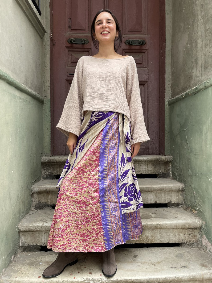 Bohem Nepal Mor Bej Yapraklı Desenli Bağlamalı İpek Etek