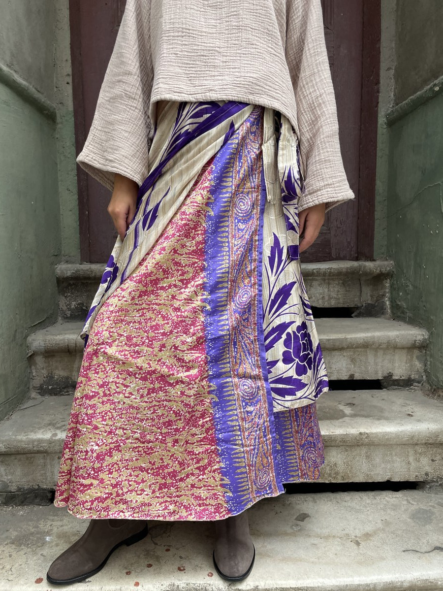 Bohem Nepal Mor Bej Yapraklı Desenli Bağlamalı İpek Etek