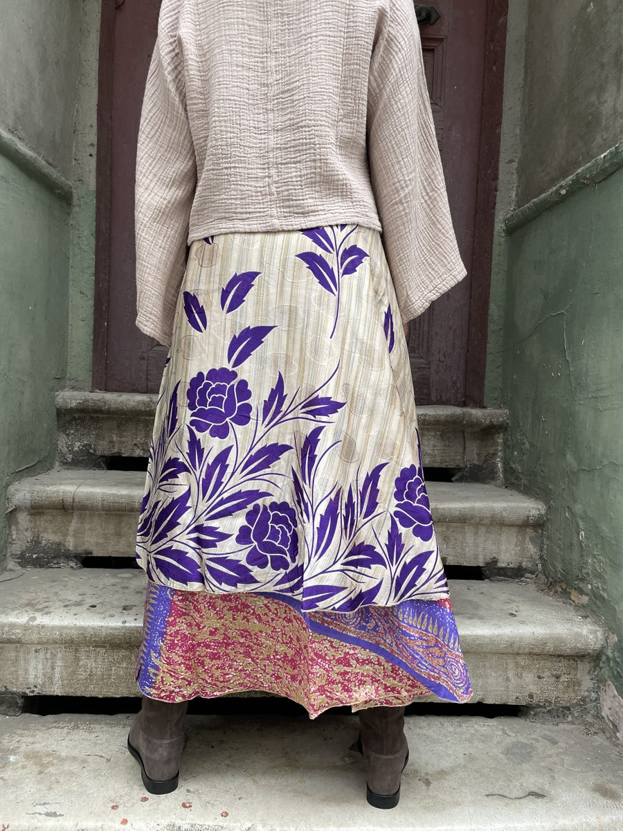 Bohem Nepal Mor Bej Yapraklı Desenli Bağlamalı İpek Etek