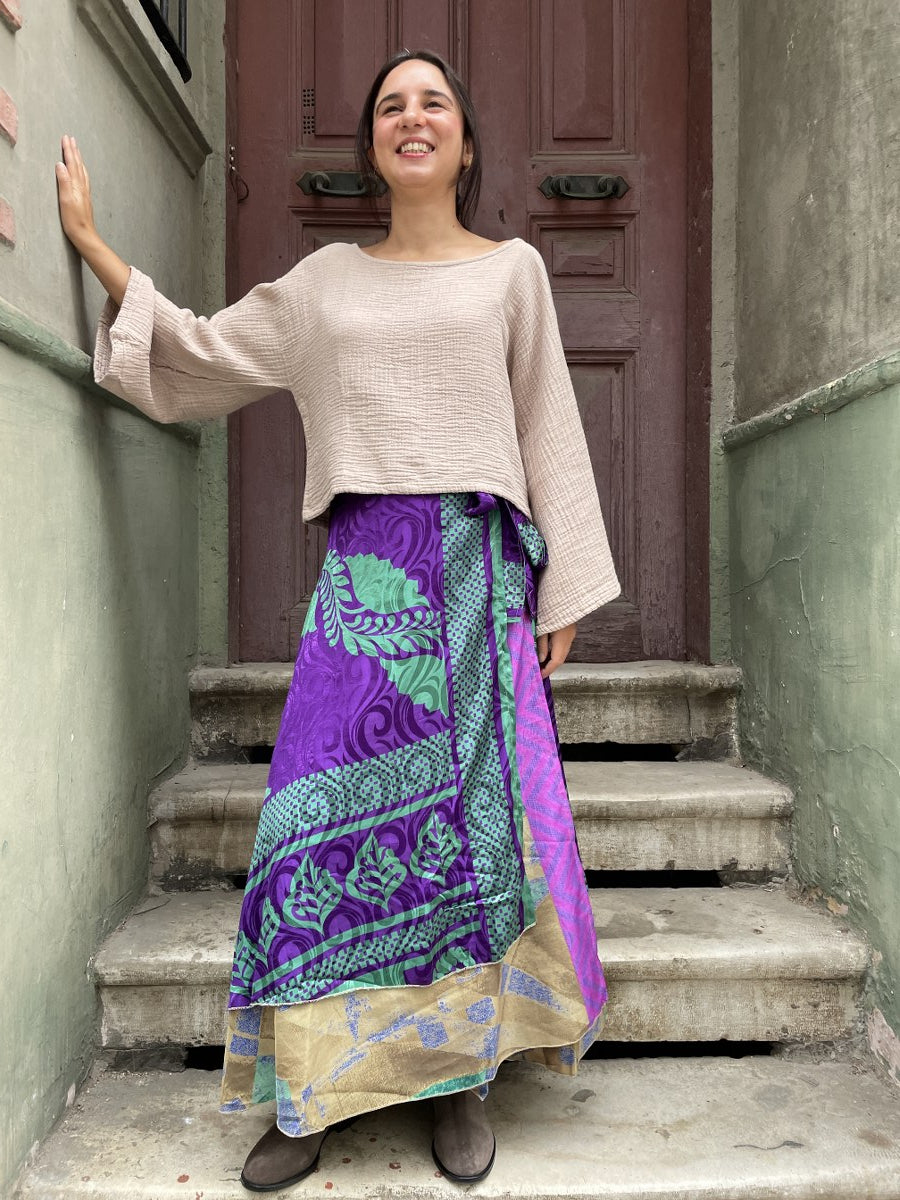 Bohem Nepal Mor Desenli Bağlamalı İpek Etek