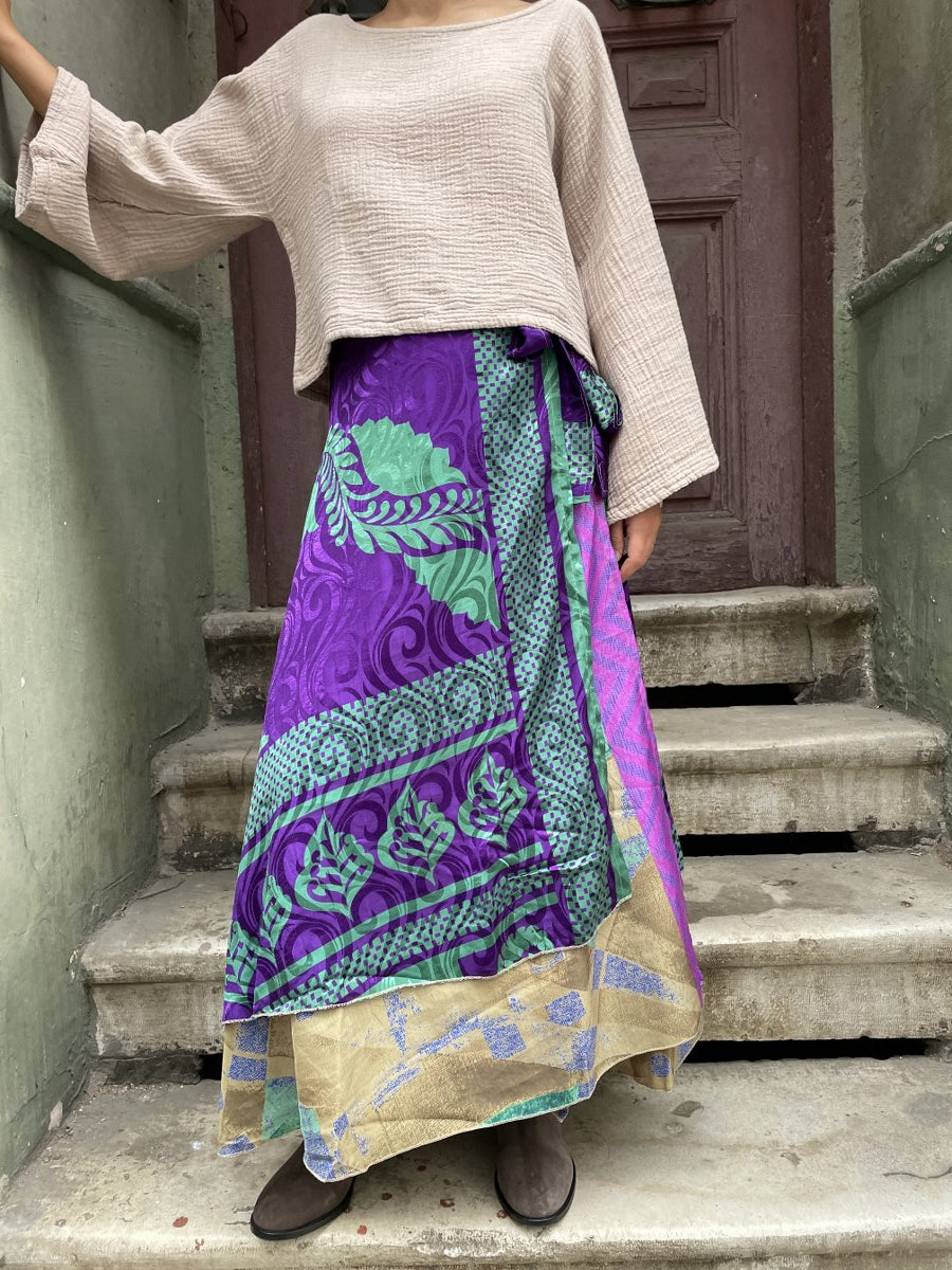 Bohem Nepal Mor Desenli Bağlamalı İpek Etek