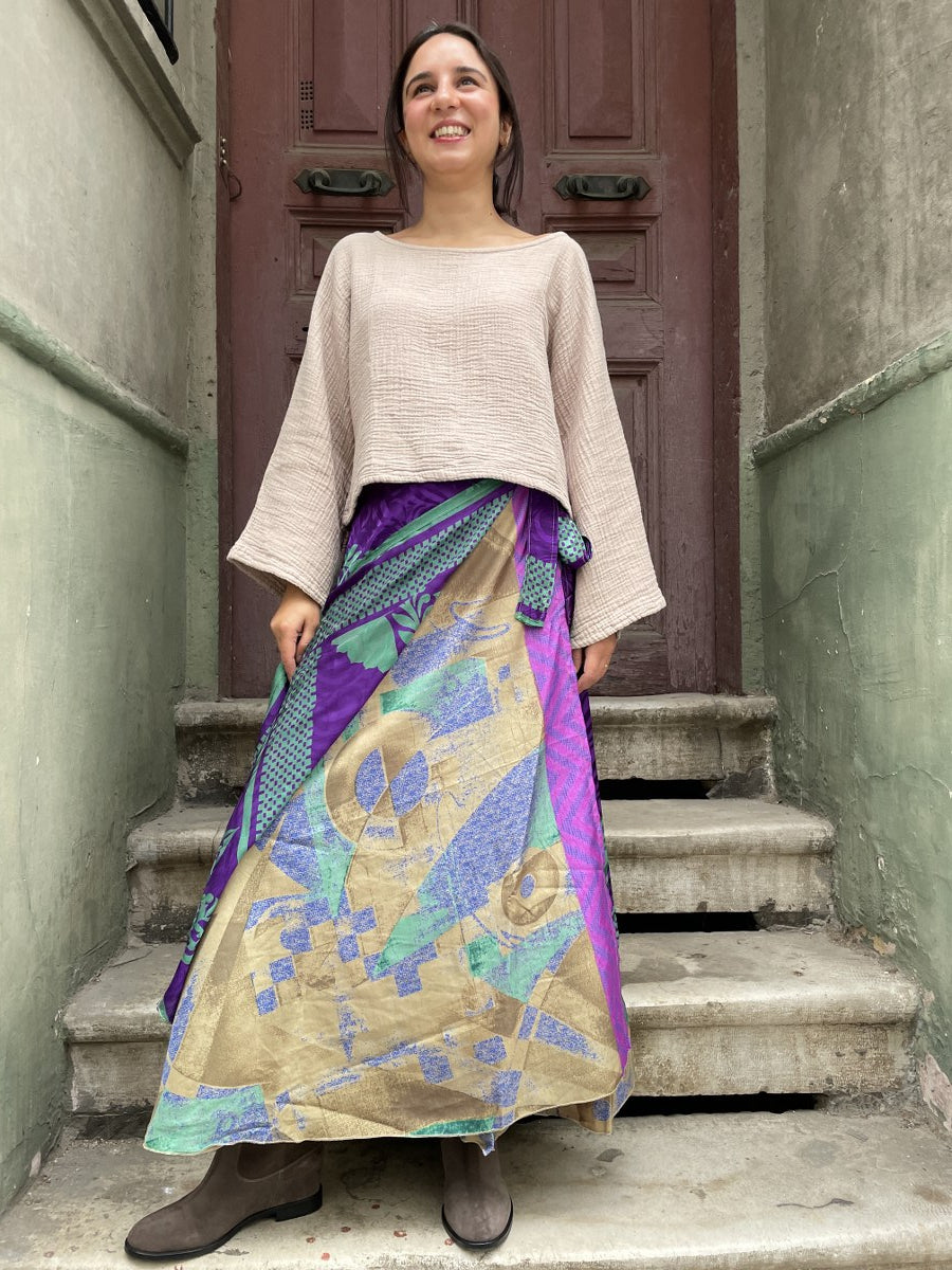 Bohem Nepal Mor Desenli Bağlamalı İpek Etek