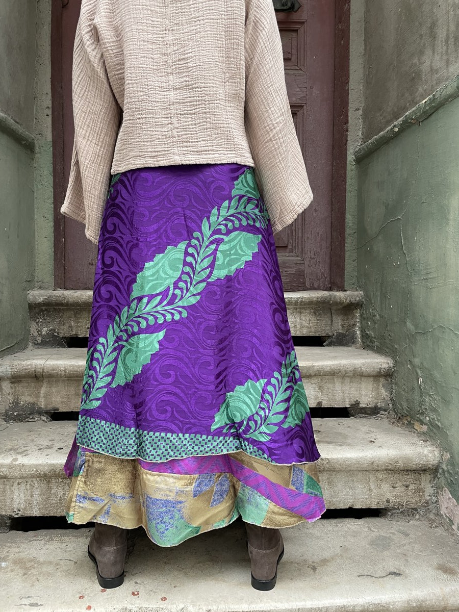 Bohem Nepal Mor Desenli Bağlamalı İpek Etek