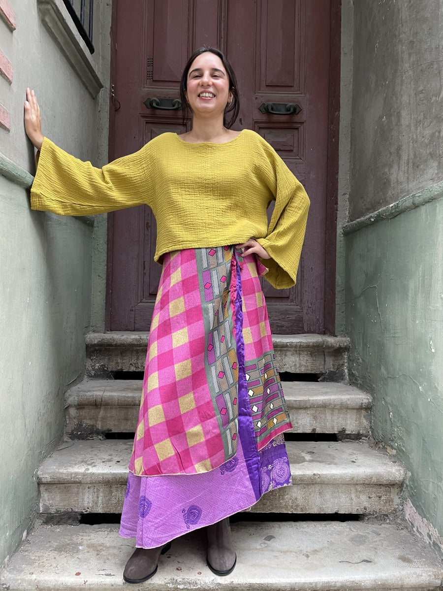 Bohem Pembe Çift Taraflı Bağlamalı İpek Etek