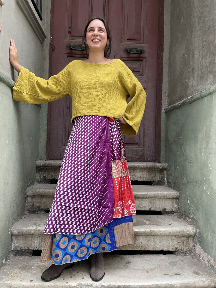 Bohem Çift Taraflı Bordo Mavi Nepal Bağlamalı İpek Etek