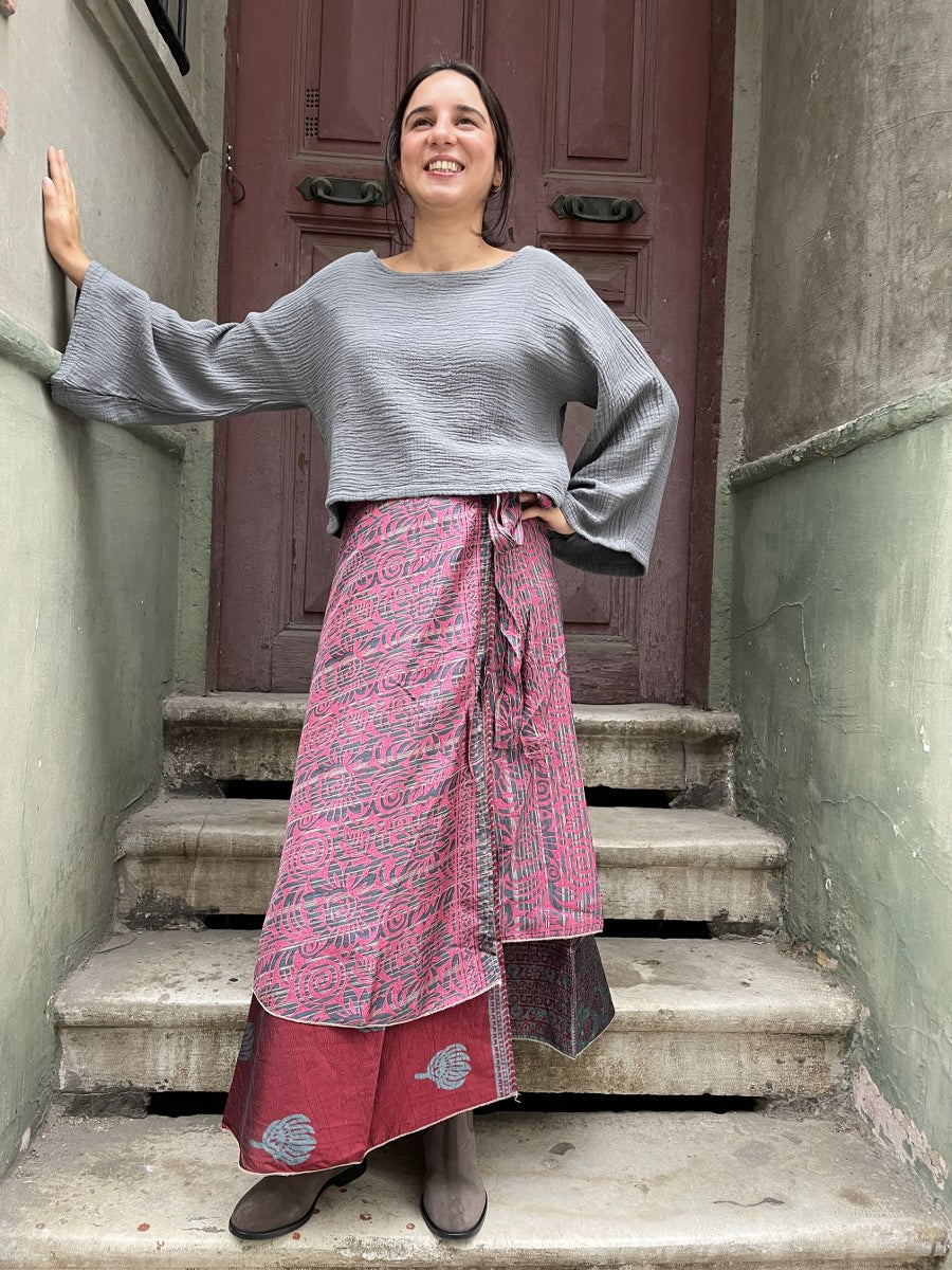 Bohem Çift Taraflı Nepal Bağlamalı İpek Etek - Pembe Gri