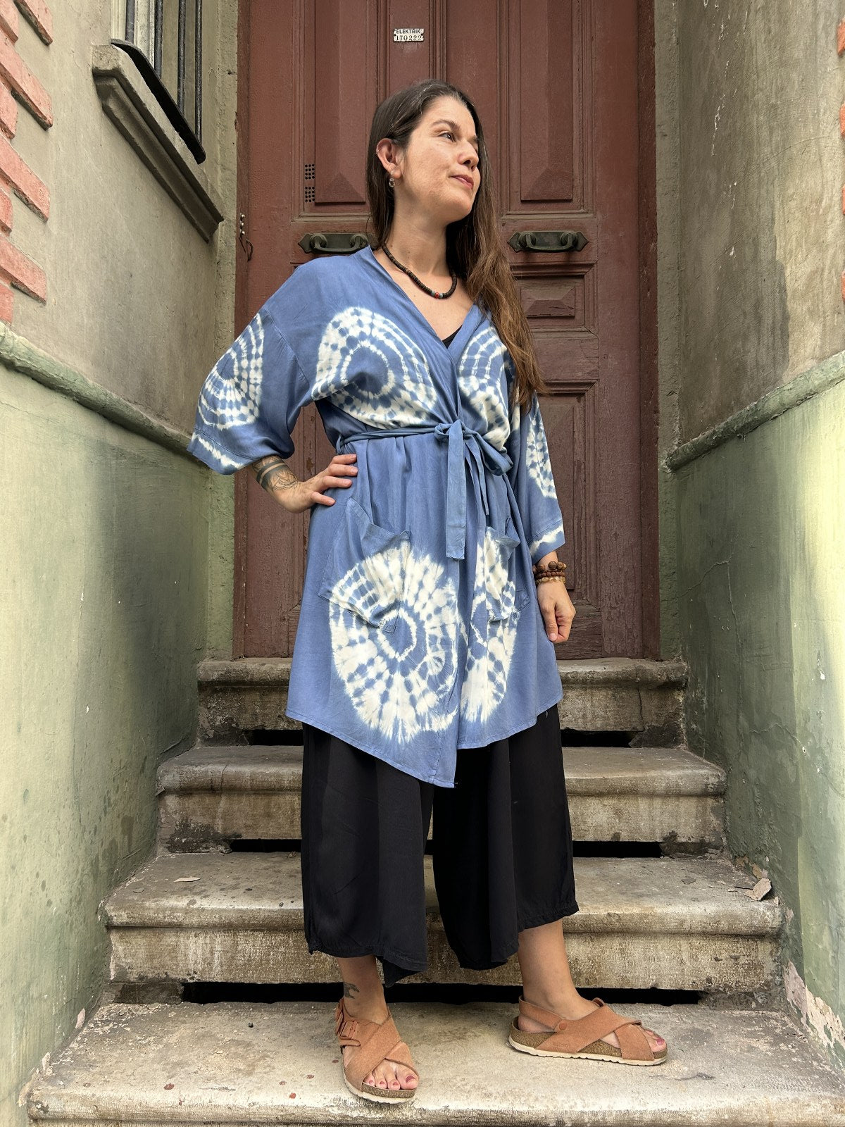 Bohem Batik desenli kimono, %100 viskon kumaştan el yapımı, M-XL bedenlere uygun, rahat ve şık bohem tarzda uzun kimono.