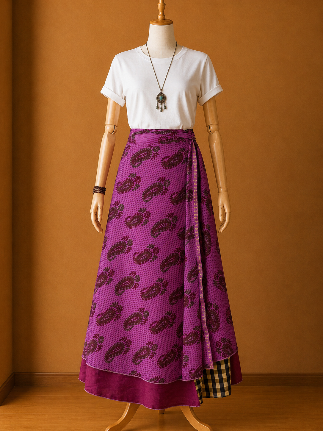 Çift Taraflı Bağlamalı İpek Etek Sarong – Mor Bordo Desenli