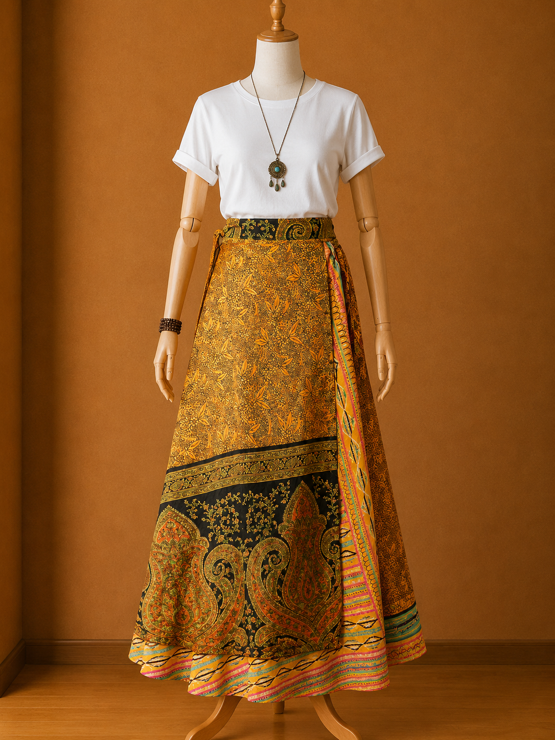 Çift Taraflı Bağlamalı İpek Etek Sarong – Sarı Siyah Desenli
