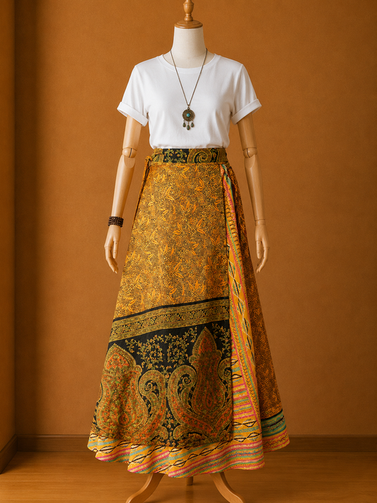 Çift Taraflı Bağlamalı İpek Etek Sarong – Sarı Siyah Desenli