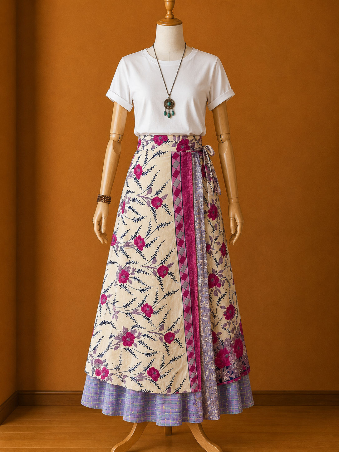 Çift Taraflı Bağlamalı İpek Etek Sarong – Lila Pembe Çiçek Desenli
