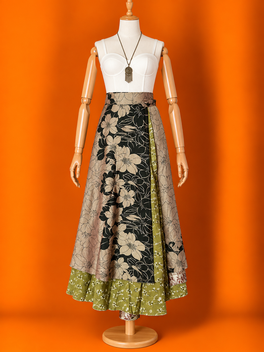 Çift Taraflı Uzun İpek Etek – Siyah Çiçekli Desenli Bohem Sarong Etek ve Elbise