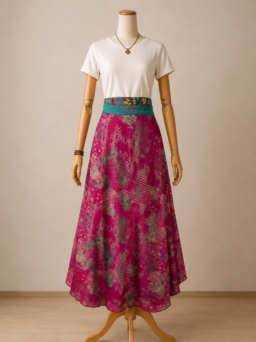 Çift Taraflı Bağlamalı İpek Etek Sarong – Pembe Mavi Desenli