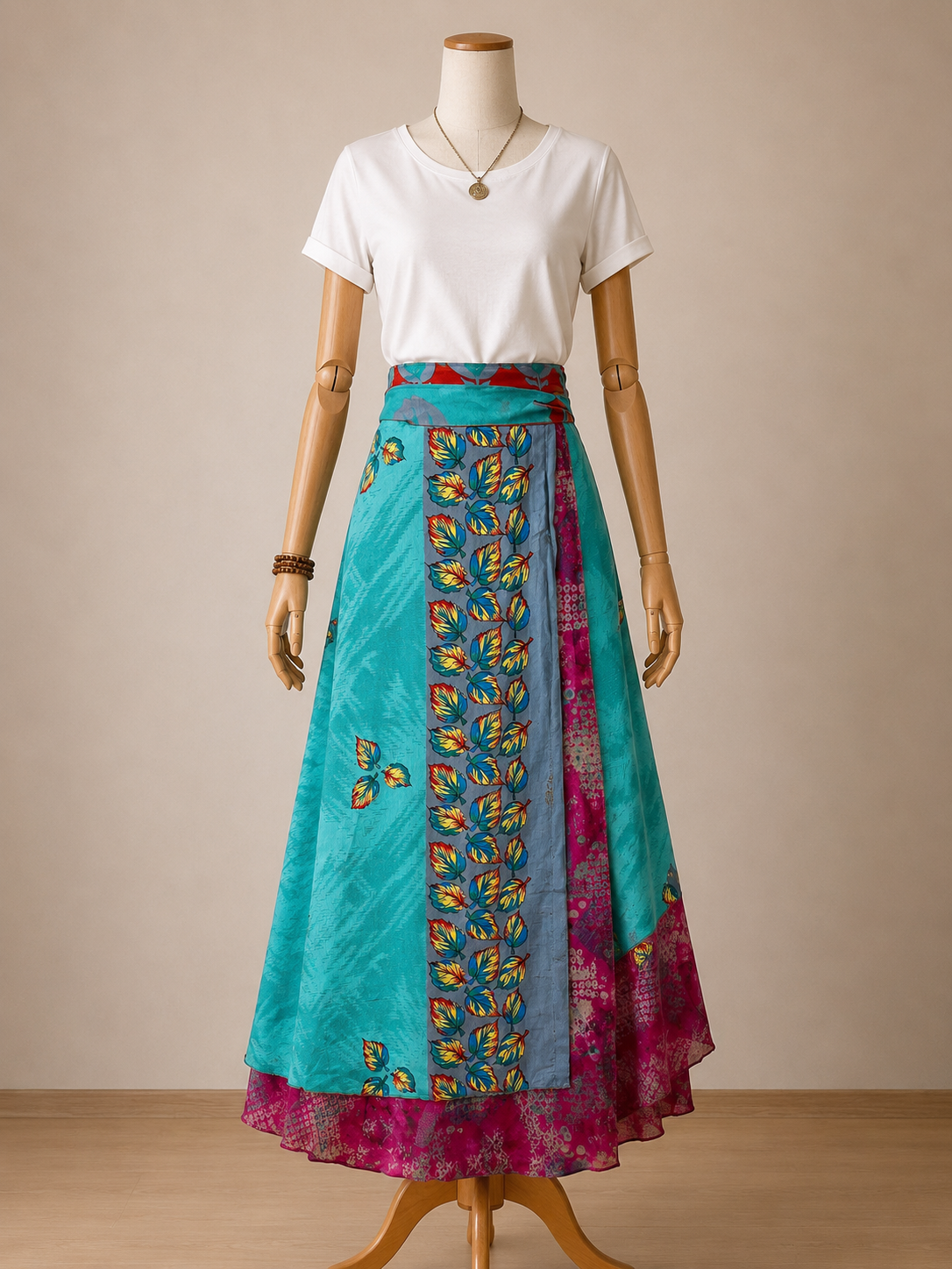 Çift Taraflı Bağlamalı İpek Etek Sarong – Pembe Mavi Desenli