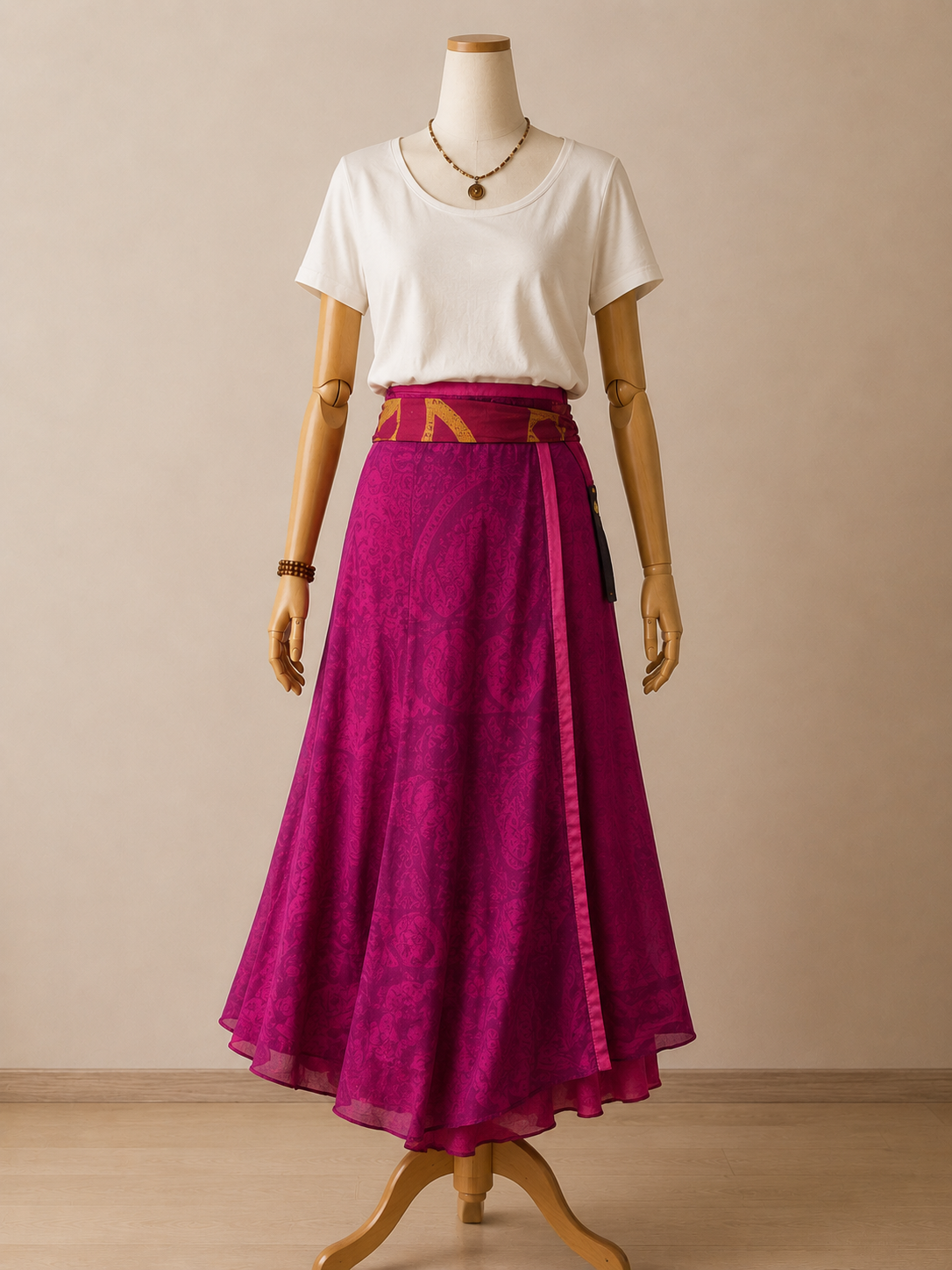 Çift Taraflı Bağlamalı İpek Etek Sarong – Pembe Desenli