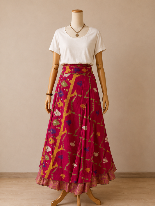 Çift Taraflı Bağlamalı İpek Etek Sarong – Pembe Desenli