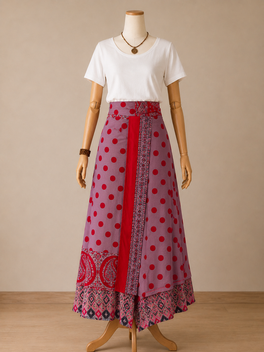 Çift Taraflı Bağlamalı İpek Etek Sarong – Lila Kırmızı Desenli