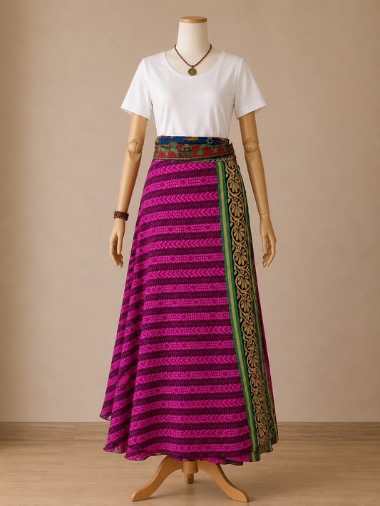Çift Taraflı Bağlamalı İpek Etek Sarong – Fuşya Laci Desenli