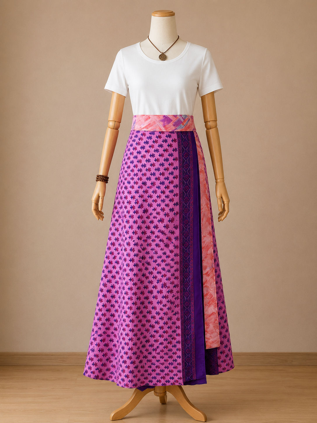 Çift Taraflı Bağlamalı İpek Etek Sarong – Lila Desenli