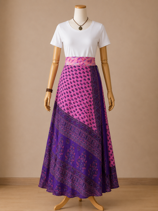 Çift Taraflı Bağlamalı İpek Etek Sarong – Lila Desenli