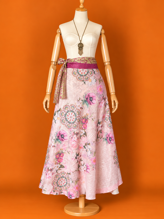 Çift Taraflı Uzun İpek Etek – Soft Pembe Desenli Bohem Sarong Etek ve Elbise