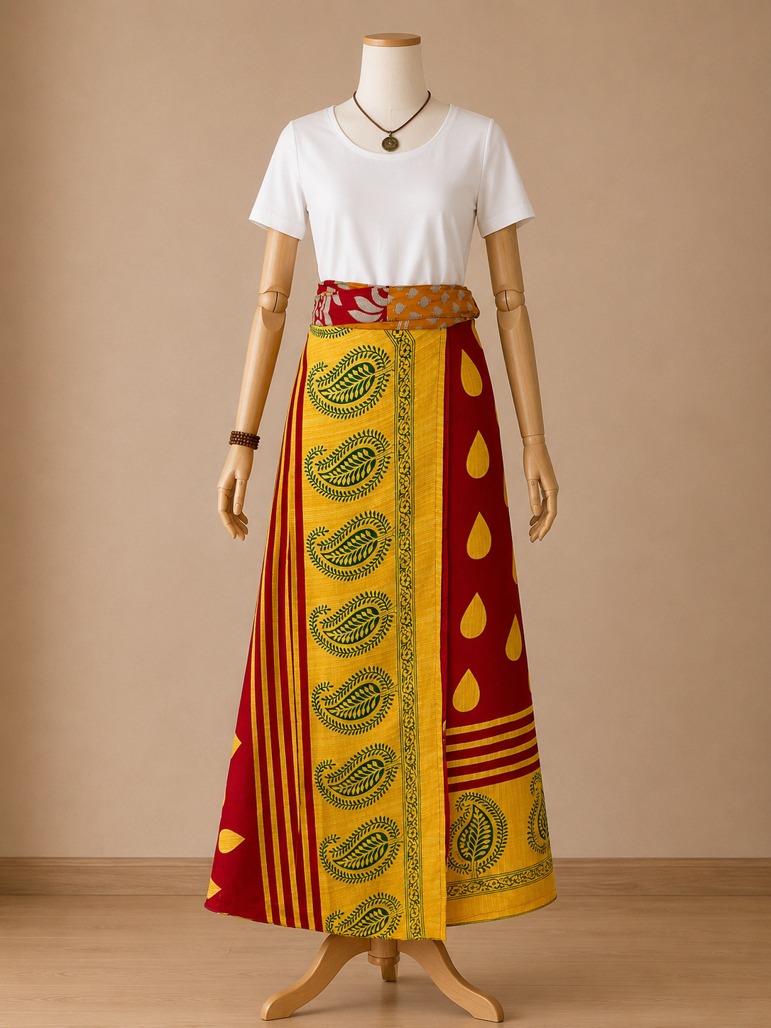 Çift Taraflı Bağlamalı İpek Etek Sarong – Kırmızı Sarı Turuncu Desenli