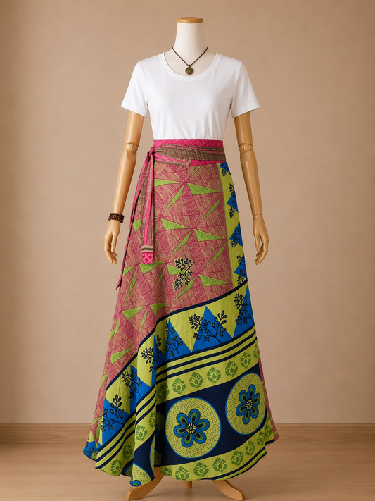 Çift Taraflı Bağlamalı İpek Etek Sarong – Pembe Yeşil Desenli
