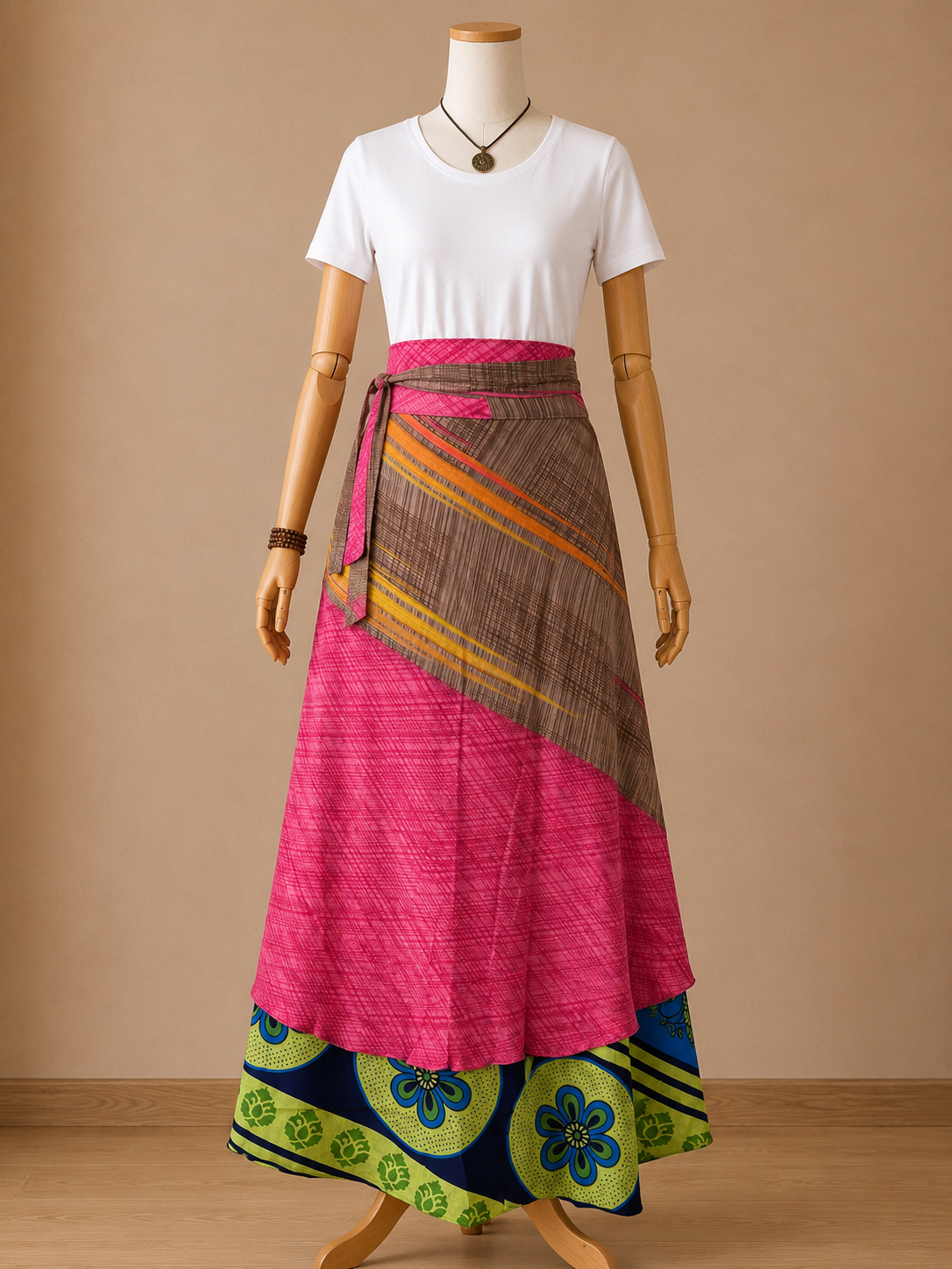 Çift Taraflı Bağlamalı İpek Etek Sarong – Pembe Yeşil Desenli