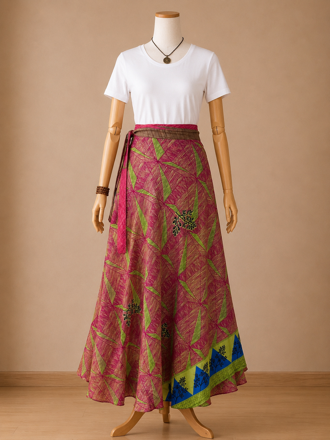 Çift Taraflı Bağlamalı İpek Etek Sarong – Pembe Yeşil Desenli