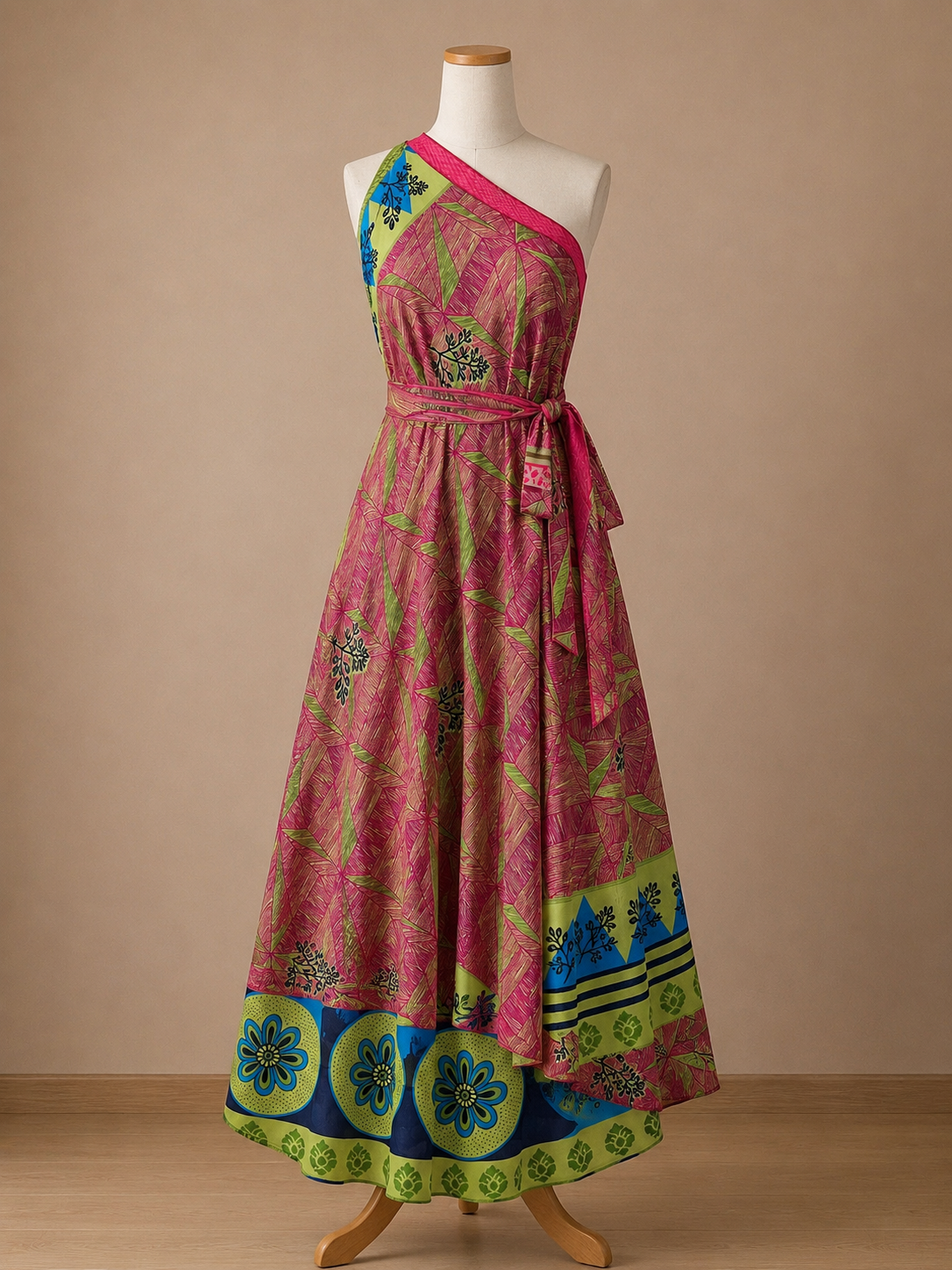 Çift Taraflı Bağlamalı İpek Etek Sarong – Pembe Yeşil Desenli