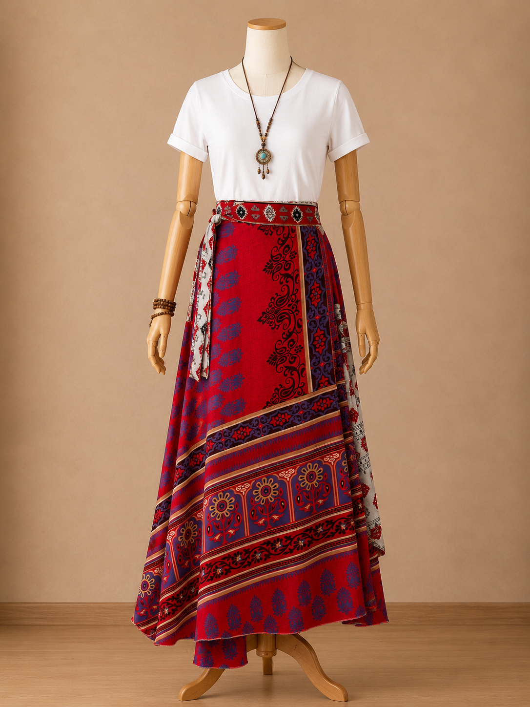 Çift Taraflı Bağlamalı İpek Etek Sarong – Kırmızı Mor Desenli