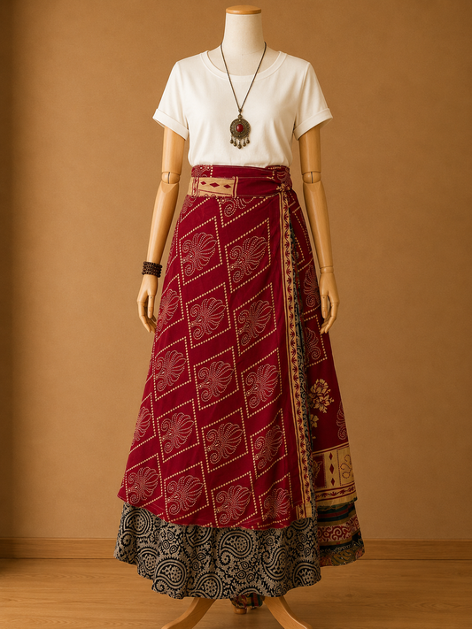 Çift Taraflı Bağlamalı İpek Etek Sarong – Bordo Siyah Paisley